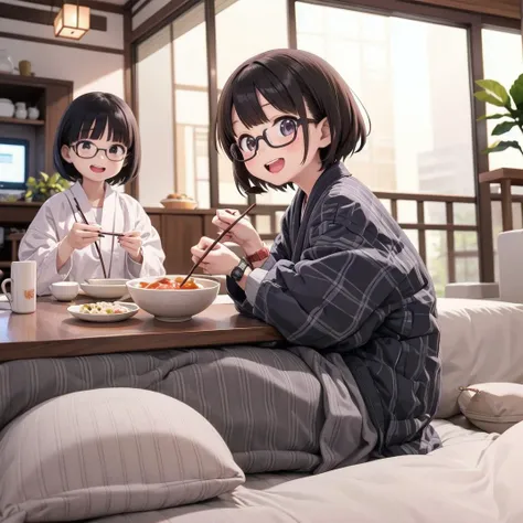 best quality, ultra-detailed, illustration, glasses,
hanten, kotatsu, multiple girls, table, black hair, chopsticks, food, smile, open mouth, holding, cup, watch, holding chopsticks, indoors, wristwatch, short hair, spoon, sitting, bowl, teeth, laughing, blurry
<lora:JAPAN_Hanten_SD15_V2:0.6>