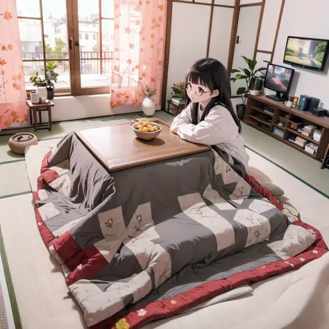 best quality, ultra-detailed, illustration, glasses,
hanten, 1girl, kotatsu, table, black hair, long hair, indoors, food, sitting, bowl, chopsticks, from behind, fruit, manga (object), cup, curtains, mandarin orange, book, tatami, television, noodles, floral print
<lora:JAPAN_Hanten_SD15_V2:0.8>
