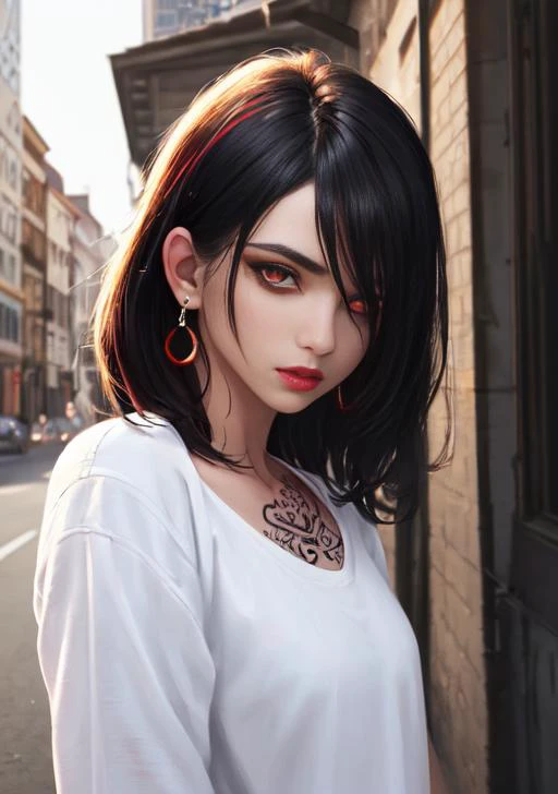 Duskfall Art,(masterpiece, best quality, ultra-detailed, highres, best illustration),perfect face, ((solo, solo focus)),sidelighting, lustrous skin,(bloom), (shine), ray tracing,1boy, male focus, facial hair, red eyes, solo, red hair, colored sclera, black hair, multicolored hair, shirt, black sclera, earrings, jewelry, tattoo, piercing, beard, streaked hair, jacket, parted lips, looking at viewer, white shirt,depth_of_field, city background,very detailed background,extreme light and shadow,(detailed eyes), (beautiful) beautiful detailed eyes, perfect lighting , perfect anatomy,(extremely detailed illustrated 8k wallpaper),(masterpiece), (best quality), (ultra-detailed), (best illustration),(best shadow), vivid colors,