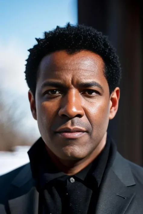 high resolution photography portrait of a black man , symmetrical face pose , standing outside in the cold . Handsome . Powerful , black hair <lora:Denzel_LoRA:1>