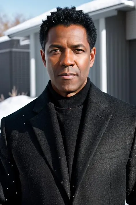 high resolution photography portrait of a black man , symmetrical face pose , standing outside in the cold . Handsome . Powerful , black hair <lora:Denzel_LoRA:1>