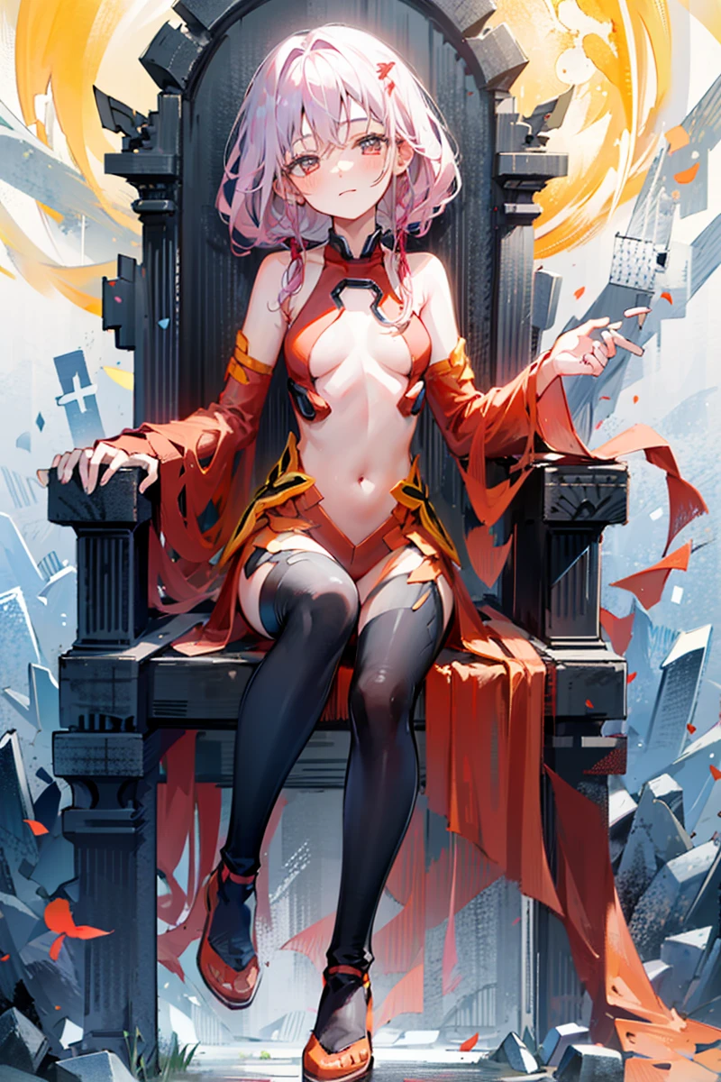 masterpiece,1girl,solo, <lora:InoriV1:1>,depth of field, yuzuriha inori, sitting, closed mouth, ruins,cross,night,full moon, full body:1.3,depth of field, sit_on_throne, light smile,