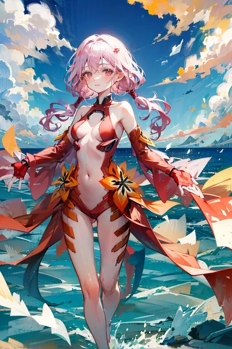 masterpiece,1girl,solo, <lora:InoriV1:1.1>, yuzuriha inori, pink_hair,standing,seaside,ocean,standing,barefoot, light smile, pov