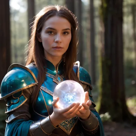 cinematic film still, a mage woman, 20 years old, holding a magic air glass orb, glass mage armor,