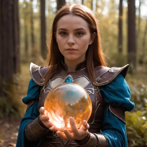 cinematic film still, a mage woman, 20 years old, holding a magic soil glass orb, glass mage armor,