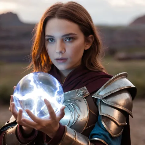 cinematic film still, a mage woman, 20 years old, holding a magic lightning glass orb, glass mage armor,