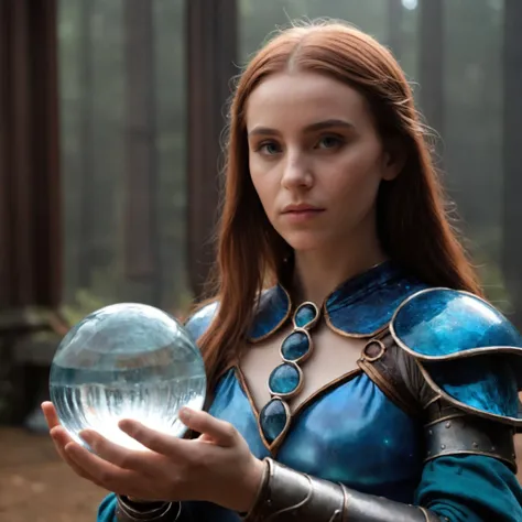 cinematic film still, a mage woman, 20 years old, holding a magic water glass orb, glass mage armor,