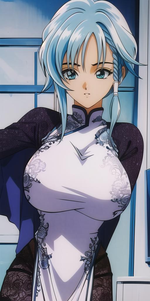 A woman with blue hair and a white top is posing - SeaArt AI