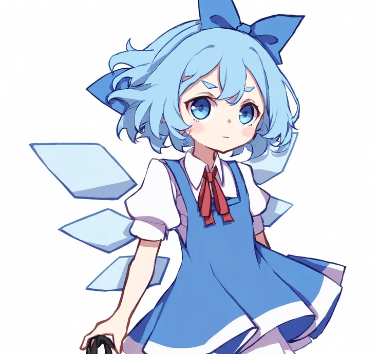 (masterpiece:1.2),(best quality:1.2),cirno, 1girl, solo, ice, wings, ice wings, blue hair, blue eyes, short sleeves, dress, blue dress, simple background, white background, shirt, short hair, white shirt, blue bow, ribbon, bow, collared shirt, neck ribbon, hair bow, red ribbon, upper body, puffy sleeves, one-hour drawing challenge, puffy short sleeves, looking at viewer, closed mouth, detached wings, blush stickers, pinafore dress