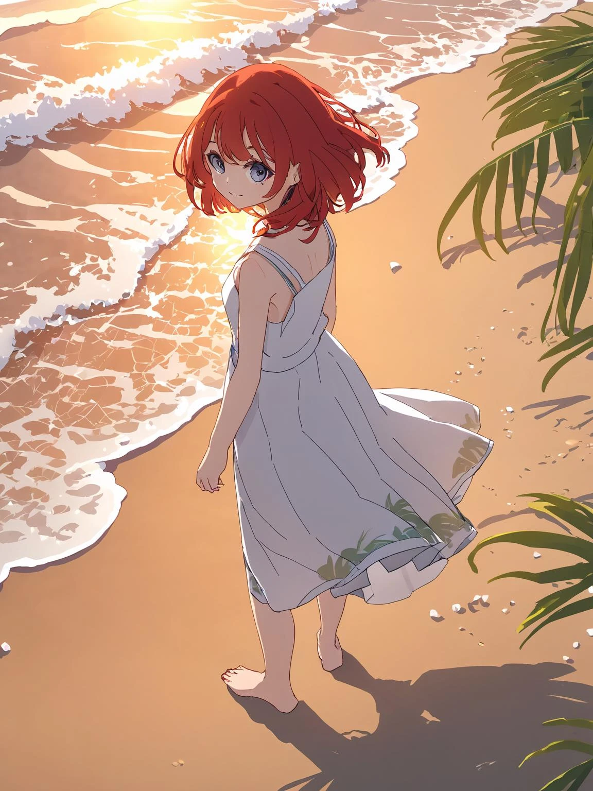 (highres),(best quality,masterpiece,very detailed,Ultra HD:1.2),illustration,wallpaper,CG,reality ray tracing,panorama,(from above:1.2),cinematic angle,medium shot,(beautiful detailed girl),clear focus,1girl,solo,detailed face,girl focus,young,solo,full body,smile,(red hair),ahoge, short hair,white short sundress,Bare feet,outdoors,(sea:1.2),(beach:1.2),(horizon),(sunset),(the breeze blew),coconut tree,(twilight:1.3),(dim:1.15),beautiful landscape,(reality ray tracing),(intense shadows),(dappled sunlight),strong rim light,