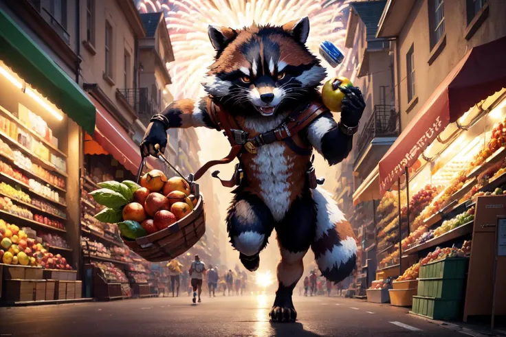 8k , masterpiece, illustrate art, hyper sharpness, high detailed, cgi, anime style, vray, radiosity,
<lora:Marketplace:0.8>, rocket raccoon stole some fruits from the market and was happily running away, The shop owner ran after him, marketplace, night, full of people, street, fireworks