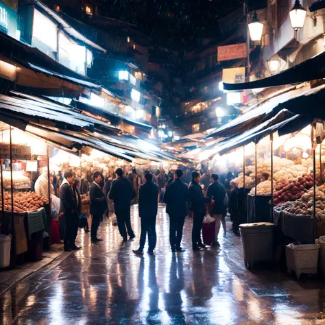 photo, a group of people standing around a market at night rain soaked street (Marketplace style:1) <lora:djzMarketplaceV21:1>