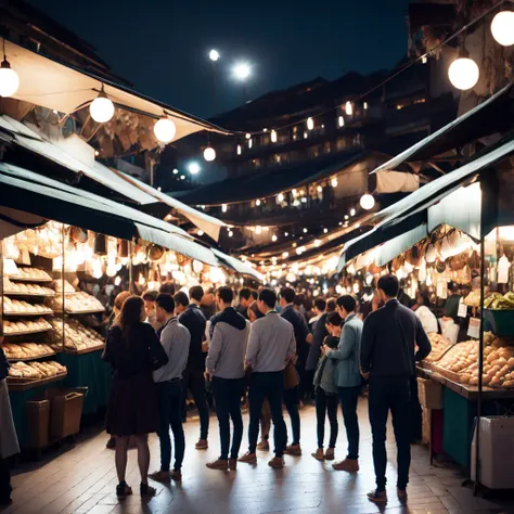 photo, a group of people standing around a market at night (Marketplace style:1) <lora:djzMarketplaceV21:1>