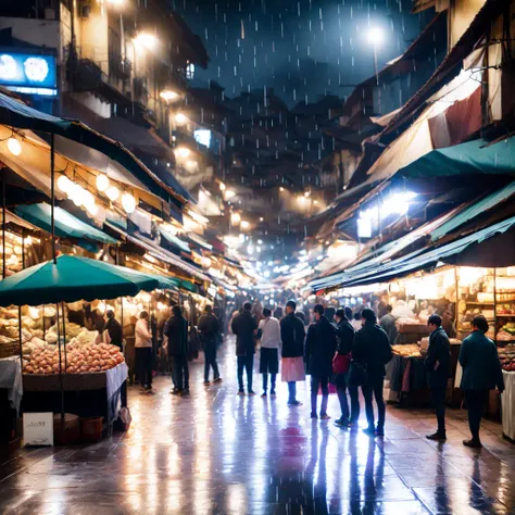 photo, a group of people standing around a market at night rain soaked street (Marketplace style:1) <lora:djzMarketplaceV21:1>
