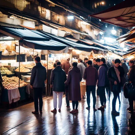 photo, a group of people standing around a market at night rain soaked street (Marketplace style:1) <lora:djzMarketplaceV21:1>