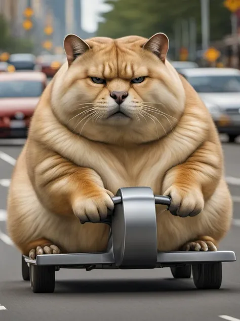 a hyper realistic chonk sitting in a car driving it, angry, disgruntled chonk during rush hour car traffic