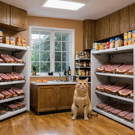 (chonk sits proudly in the domestic refrigeratior) among various types of ham, Veni, Vidi, Omnia Comedi