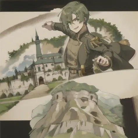 <lora:Gunka no Baltzar:0.8>, (masterpiece:1.2), (high quality:1.2), smiling, 1boy, look at viewer, full body view, countryside, fortress in background, green military uniform