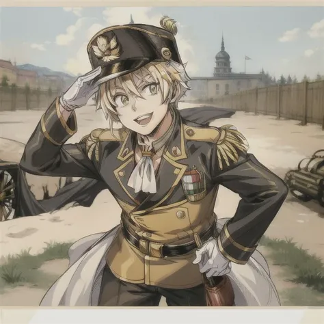 <lora:Gunka no Baltzar:0.8>, (masterpiece:1.2), (high quality:1.2), fur jacket, outdoor, 1boy, grin, looking at viewer, vibrant colours, <lora:add_detail:1>, white gloves, anime eyes, military cap, military fatigues, standing at salute