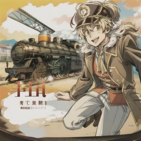 <lora:Gunka no Baltzar:0.8>,  (masterpiece:1.2), (high quality:1.2), fur jacket, outdoor, 1boy, grin, looking at viewer, vibrant colours,  <lora:add_detail:1>, detailed anime face, beach, paradise, sunshine, jacket billowing, jacket thrown over shoulder, train, manga cover