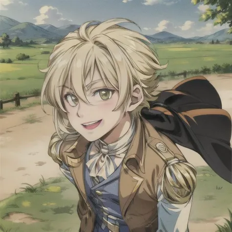 <lora:Gunka no Baltzar:0.8>,  (masterpiece:1.2), (high quality:1.2), smiling, 1boy, look at viewer, full body view, detailed face, anime eyes, walking, countryside <lora:add_detail:1>
