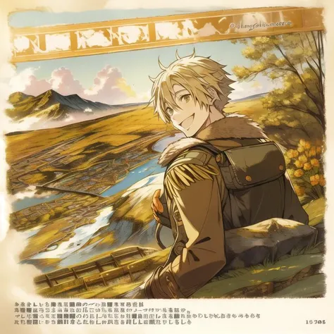 <lora:Gunka no Baltzar:0.8>, (masterpiece:1.2), (high quality:1.2), fur jacket, outdoor, 1boy, grin, looking at viewer, vibrant colours, <lora:add_detail:0.3>, detailed anime face, sunshine, jacket billowing, jacket thrown over shoulder, manga cover, hiking, mountains, alps, far view, detailed background, beautiful landscape, detailed hands