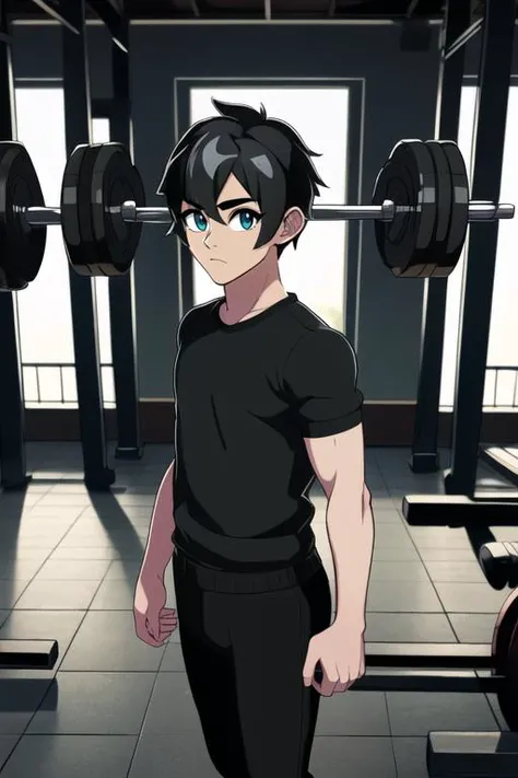 ((masterpiece, best quality, absurdres, 4k, detailed, sharp focus)), (intricate details, vivid colors, natural lighting,), solo, 1boy, gym, weights, standing, looking at viewer, black shirt, black pants, black hair, aqua eyes, toned, <lora:thirddiffusion_v2:1>