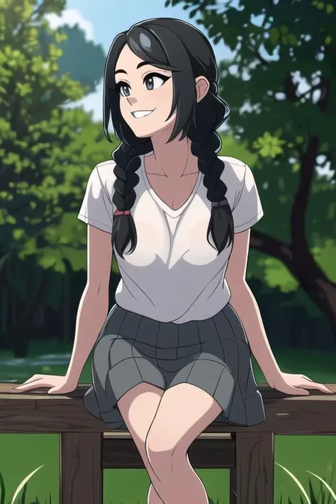 ((masterpiece, best quality, absurdres, 4k, detailed, sharp focus)), (intricate details, vivid colors, natural lighting,), solo, 1girl, standing, nature, excited, smile, park, tree, grass, flower, water, bush, feet out of frame, black hair, white skirt, white shirt, braid, <lora:thirddiffusion_v2:1>