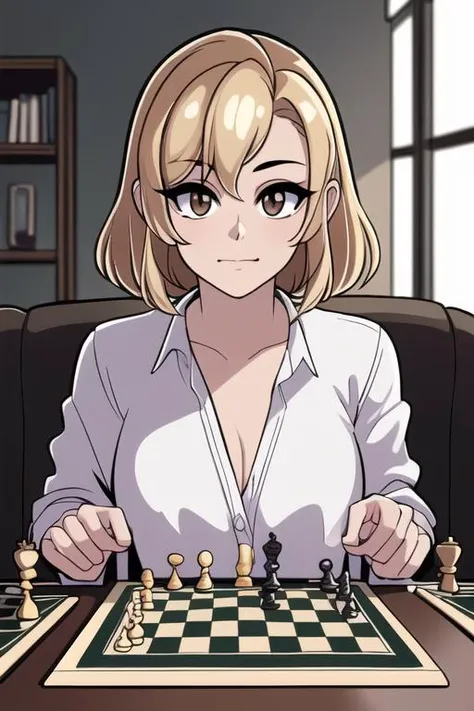 ((masterpiece, best quality, absurdres, 4k, detailed, sharp focus)), (intricate details, vivid colors, natural lighting,), solo, 1girl, playing chess, inside, living room, looking at viewer, white shirt, brown eyes, blonde hair, <lora:thirddiffusion_v2:1>