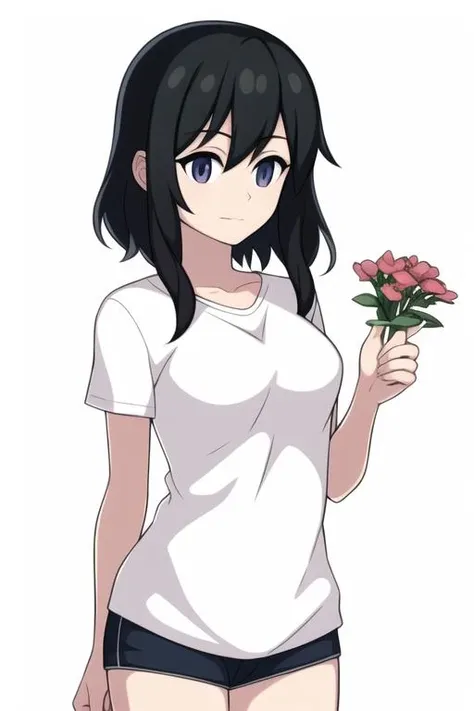masterpiece, absurdres, 1girl, shirt, flowers, beautiful landscape, sunlight, cowboy_shot, standing, <lora:thirddiffusion:1>, tachi-e, simple_background, white_background