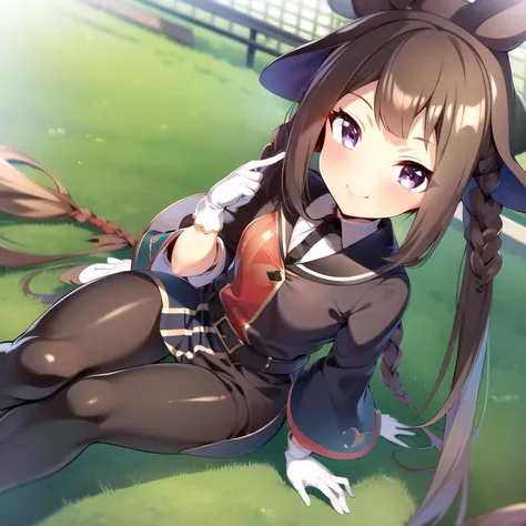 masterpiece, 8k wallpaper, best quality, 1girl, SweepTosho, <lora:SweepTosho>, smile, blush, looking at the viewer, grass, sitting, braids, twintails,