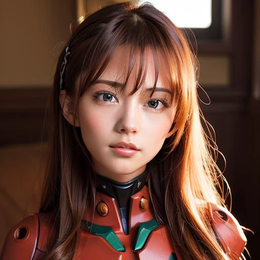 (8k, best quality, masterpiece:1.2), ultra-detailed, Masterpiece, realistic lighting,masterpiece, best quality, masterpiece, official art,extremely detailed CG unity 8k wallpaper,beautiful detailed eyes, light on face, 1girl, Asuka, breasts, pilot_suit, plugsuit, gloves, red_bodysuit,hair_ornament, bracer, full body, mecha, armor, (indoors) ,asuka <lora:evaAsuka_v10:0.5> <lora:koreanDollLikeness_v15:0.1> <lora:yui:0.4>