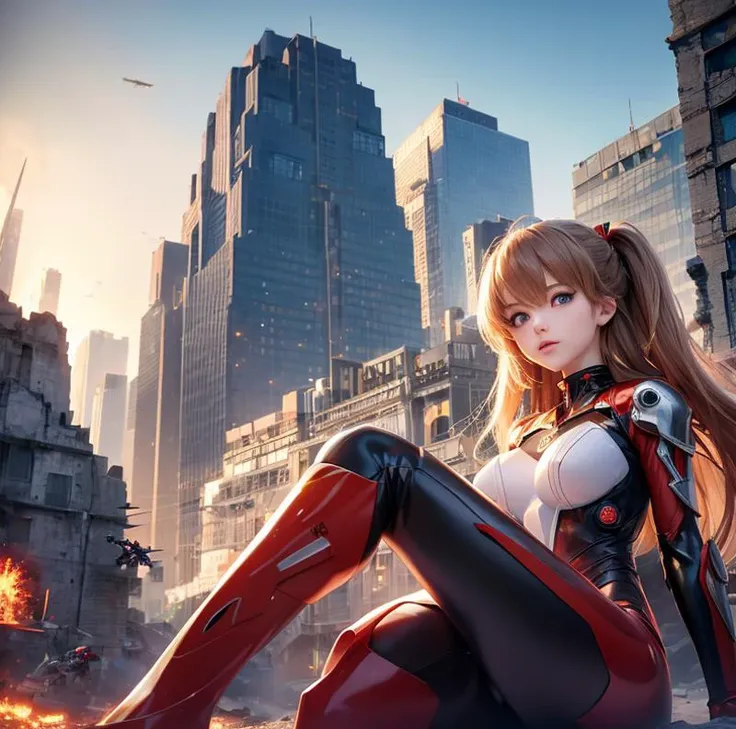 (8k, best quality, masterpiece:1.2), ultra-detailed, Masterpiece, realistic lighting,masterpiece, best quality, masterpiece, official art,extremely detailed CG unity 8k wallpaper,beautiful detailed eyes, light on face, 1girl, Asuka, breasts, pilot_suit, plugsuit, white_bodysuit, gloves, hair_ornament, bracer, full body, mecha, armor, (city ruins), (battlefield:1.3)  <lora:Asuka:1>