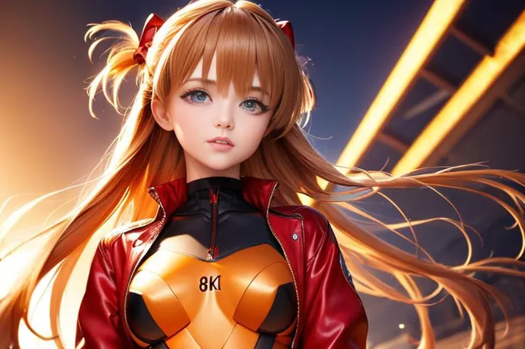 (8k, best quality, masterpiece:1.2), ultra-detailed, Masterpiece, realistic lighting,masterpiece, best quality, masterpiece, official art,extremely detailed CG unity 8k wallpaper,beautiful detailed eyes, light on face, 1girl, Asuka,Upper body, breasts, pilot_suit, plugsuit, red_jacket, windbreaker, gloves, bandage, hair_ornament, bracer, <lora:asukaLangleySoryuEVA_asuka:1>
