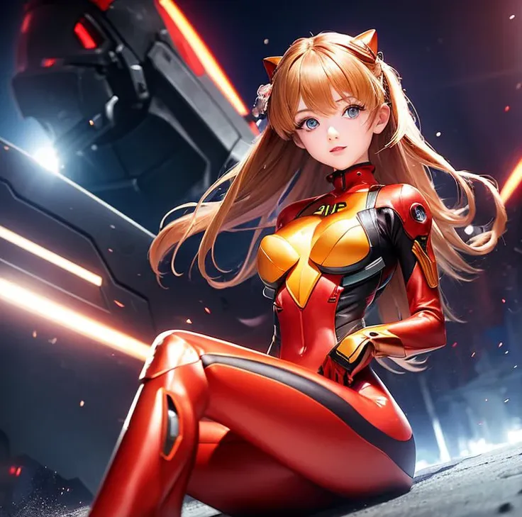 (8k, best quality, masterpiece:1.2), ultra-detailed, Masterpiece, realistic lighting,masterpiece, best quality, masterpiece, official art,extremely detailed CG unity 8k wallpaper,beautiful detailed eyes, light on face, 1girl, Asuka, breasts, pilot_suit, plugsuit, red_bodysuit, gloves, hair_ornament, bracer, full body, mecha, armor, (battlefield:1.3)  <lora:Asuka:1>