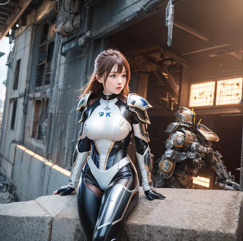 (8k, best quality, masterpiece:1.2), ultra-detailed, Masterpiece, realistic lighting,masterpiece, best quality, masterpiece, official art,extremely detailed CG unity 8k wallpaper,beautiful detailed eyes, light on face, 1girl, Asuka, breasts, pilot_suit, plugsuit, white_bodysuit, gloves, hair_ornament, bracer, full body, mecha, armor, (city ruins), (battlefield:1.3) <lora:Asuka:1>