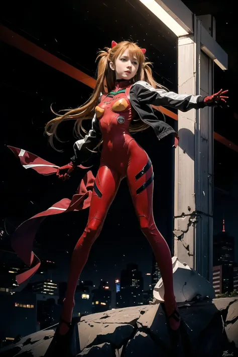 (masterpiece, best quality, detailed:1.4), <lora:hipoly3DModelLora_v10:0.6>, <lora:koreandolllikenessV20_v20:0.5>, <lora:asukaLangleySohryu_v9:1>, (1girl), (souryuuasukalangley, interface headset, red plugsuit, detailed eyes:1.3), (track_jacket, open jacket:1.2), ((plugsuit 02 under clothes)), absurdres, intricate detail, ultra detailed, highres, (realistic, photo-realistic:1.4), 8k, raw photo, best illumination, Canon EOS, cute face, halo lighting, colorful, blonde, (bright blue eyes, looking at viewer:1.4), (from below, bangs, expressive hair, small breasts), cameltoe, (pink lips:0.25), city skyline, (white stripe, green stripe across chest:0.25), dynamic lighting, light glow, red and black gloves, (thick thighs), full body, dynamic pose, red straight line, (leather plugsuit),