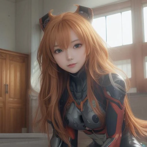 (8k, best quality, masterpiece:1.2), ultra-detailed, Masterpiece, realistic lighting,masterpiece, best quality, masterpiece, official art,extremely detailed CG unity 8k wallpaper,beautiful detailed eyes, light on face, 1girl, Asuka, breasts, pilot_suit, plugsuit,  gloves, red_bodysuit,hair_ornament, bracer, full body, mecha, armor, (indoors) ,asuka <lora:evaAsuka_v10:0.5> <lora:koreanDollLikeness_v15:0.5>