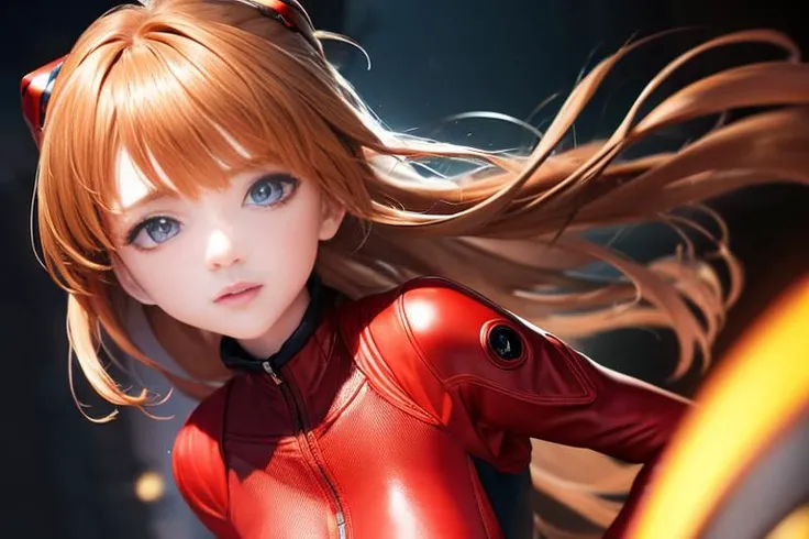 (8k, best quality, masterpiece:1.2), ultra-detailed, Masterpiece, realistic lighting,masterpiece, best quality, masterpiece, official art,extremely detailed CG unity 8k wallpaper,beautiful detailed eyes, light on face, 1girl, Asuka,Upper body, breasts, pilot_suit, plugsuit, red_jacket, windbreaker, gloves, bandage, hair_ornament, bracer,  <lora:asukaLangleySoryuEVA_asuka:1>