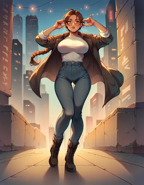 score_9, score_8_up, score_7_up,
laracroftxl, 1girl, solo, large breasts, full body, 
open jacket, leather,cityscape, city lights, jeans,boots, white shirt, round eyewear, tinted eyewear, 
 <lora:LoraCroftxl:0.8>