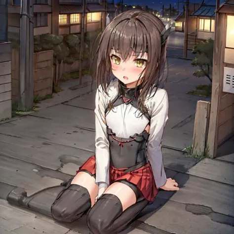 <lora:Giantess:1.4>, from above, height difference, at night, night illumination, tokyo, street scenery, taiho, 1girl, solo, looking_at_viewer, blush, short_hair, open_mouth, skirt, brown_hair, thighhighs, brown_eyes, full_body, yellow_eyes, pleated_skirt, boots, flat_chest, headband, headgear, bike_shorts