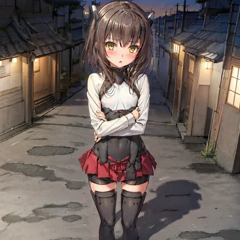 <lora:Giantess:1.4>, from above, height difference, at night, night illumination, tokyo, street scenery, taiho, 1girl, solo, looking_at_viewer, blush, short_hair, open_mouth, skirt, brown_hair, thighhighs, brown_eyes, full_body, yellow_eyes, pleated_skirt, boots, flat_chest, headband, headgear, bike_shorts