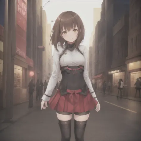 night, street, shop, store, neon, (((taiho))), 1girl, solo, smile, skirt, brown_hair, thighhighs, standing