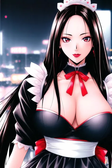 (Night:1.7), Japan, cyberpunk, CityView, Before Window,
Standing at attention,
maid headdress, maid apron, Maid Dress,
<lora:Mai_Kannazuki_G_Taste-KK77-V1:0.7>,<lora:more_details:0.3>,Maid
black_hair,long_hair,lipstick,jewelry,fingernails,red_nails,Bangs,Forehead,red_Eyes,
1 girl, 20yo,Young female,Beautiful Finger,Beautiful long legs,Beautiful body,Beautiful Nose,Beautiful character design, perfect eyes, perfect face,expressive eyes,
looking at viewer, in the center of the image,(Upper_body),(Focus on her face),
official art,extremely detailed CG unity 8k wallpaper, perfect lighting,Colorful, Bright_Front_face_Lighting,shiny skin, 
(masterpiece:1.0),(best_quality:1.0), ultra high res,4K,ultra-detailed,
photography, 8K, HDR, highres, absurdres:1.2, Kodak portra 400, film grain, blurry background, bokeh:1.2, lens flare, (vibrant_color:1.2)
(Beautiful,large_Breasts:1.4), (beautiful_face:1.5),(narrow_waist),