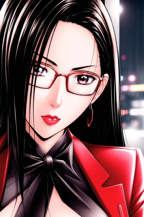 (Night:1.7), Japan, cyberpunk, CityView, Before Window,
Standing at attention,
red suit,red_jacket,earrings, glasses,formal,long_sleeves,suit,
bowtie,pencil_skirt,sheer_legwear,
<lora:Mai_Kannazuki_G_Taste-KK77-V1:0.7>,<lora:more_details:0.3>,
black_hair,long_hair,lipstick,jewelry,fingernails,red_nails,Bangs,Forehead,red_Eyes,
1 girl, 20yo,Young female,Beautiful Finger,Beautiful long legs,Beautiful body,Beautiful Nose,Beautiful character design, perfect eyes, perfect face,expressive eyes,
looking at viewer, in the center of the image,(Upper_body),(close-Up),(Focus on her face),
official art,extremely detailed CG unity 8k wallpaper, perfect lighting,Colorful, Bright_Front_face_Lighting,shiny skin,
(masterpiece:1.0),(best_quality:1.0), ultra high res,4K,ultra-detailed,
photography, 8K, HDR, highres, absurdres:1.2, Kodak portra 400, film grain, blurry background, bokeh:1.2, lens flare, (vibrant_color:1.2)
(Beautiful,large_Breasts:1.4), (beautiful_face:1.5),(narrow_waist),