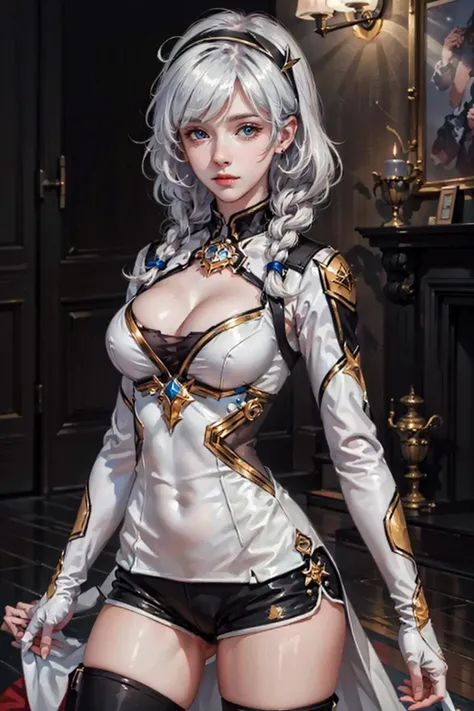 best quality,masterpiece,highres,original,extremely detailed wallpaper,perfect lighting,extremely detailed CG,<lora:add_detail:0.3>,standing,
<lora:k:0.6>,kiana,hairband,twin braid,white leotard,black shorts,white thigh boots,cleavage cutout,