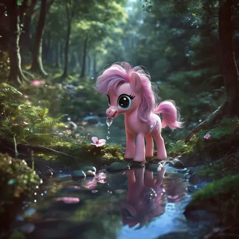 A cute pink MLPIRL is drinking from a river in the forest <lora:MLPIRL_-_My_Little_Pony_In_Real_Life:1.0>