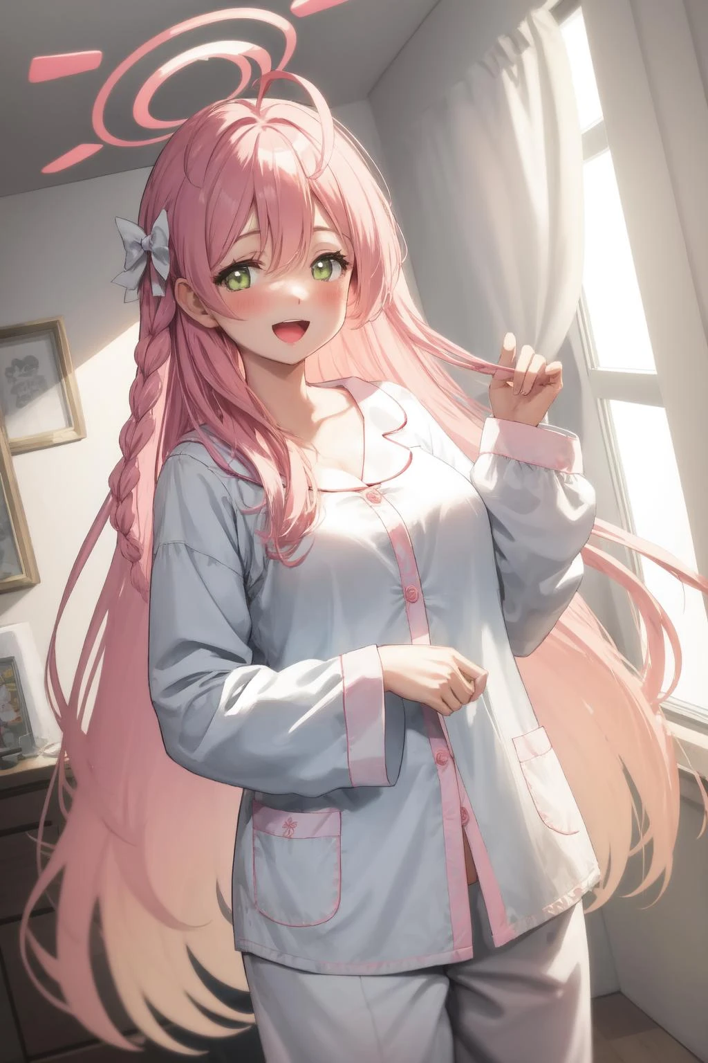 pajamas, halo, <lyco:Hanako-000020:1.0>, lewd, open mouth, smile, naughty face, blush, Anime,
