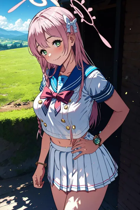 1girl, verse1 uniform, halo, <lora:Hanako-25:1>, <lora:add_detail:0.2>, smile, lewd, scenery, Cowboy Shot,