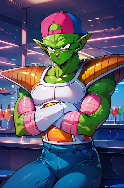 rating_safe, piccolo, green skin, pink patches, pointy ears, black eyes, blue baseball cap, backwards hat, jeans, score_9,  score_8_up, score_7_up, score_6_up, white saiyanarmor, shoulder pads, white gloves, crossed arms, sitting, strip club
<lora:pony_char_xl.Piccolo_v0_9:1> <lora:SaiyanArmorPony:1>